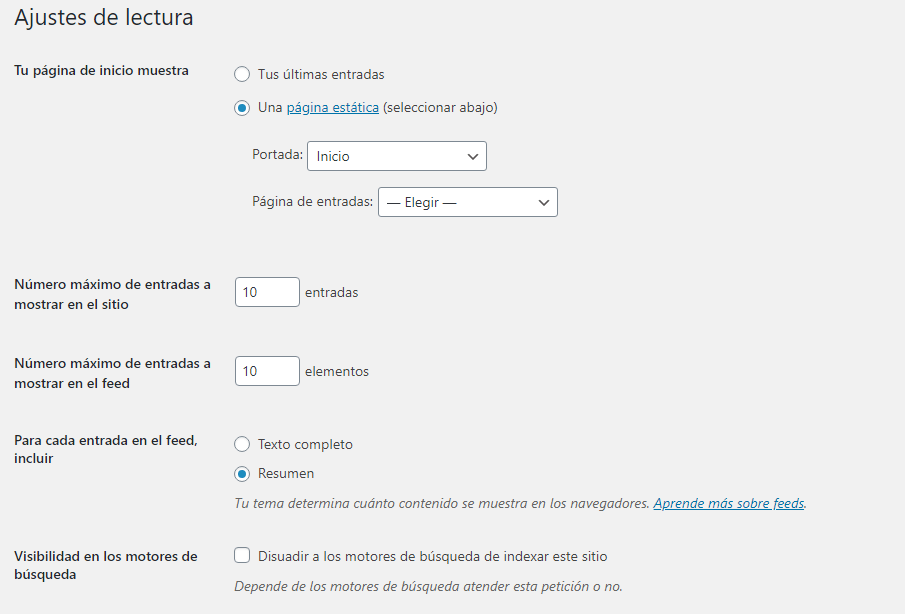 ajustes de lectura wordpress