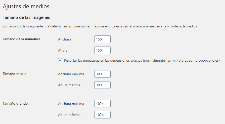 ajustes de medios wordpress