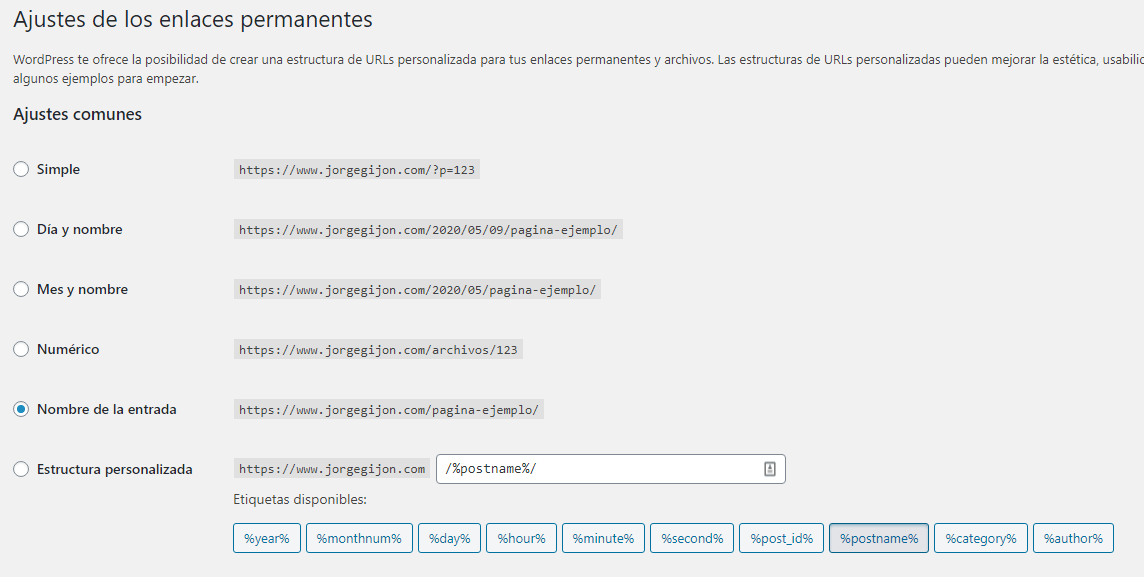 ajustes enlaces permanentes wordpress